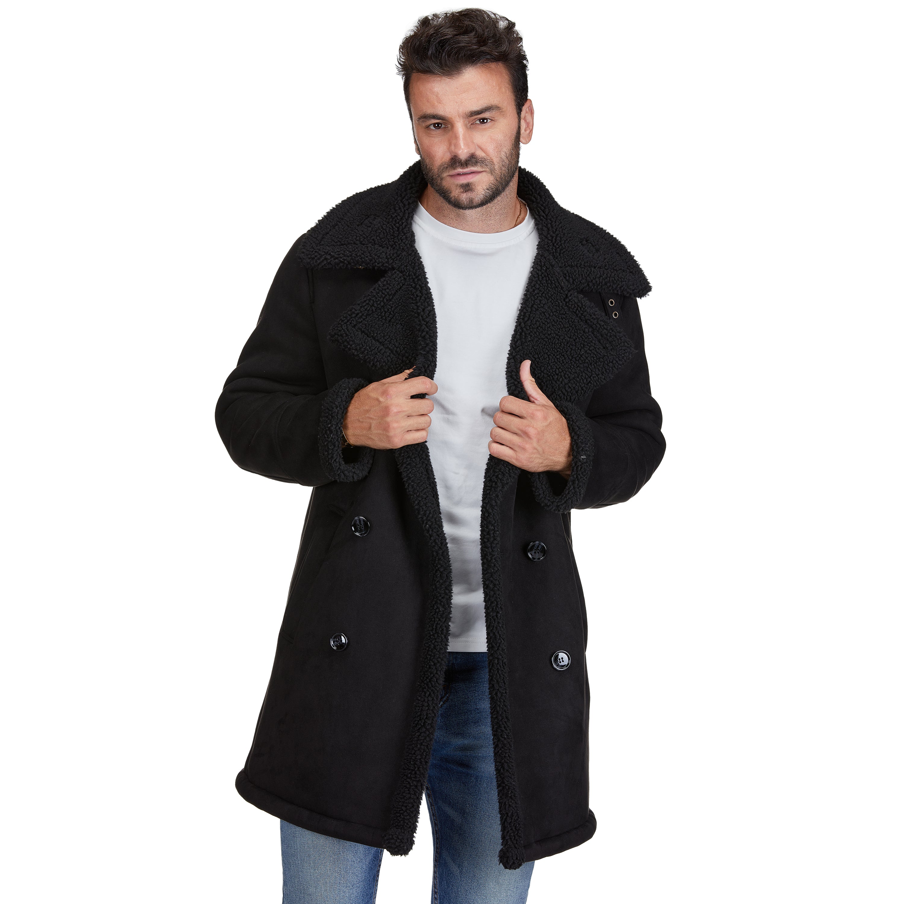 Men's Faux Shearling Double-Breasted Overcoat
