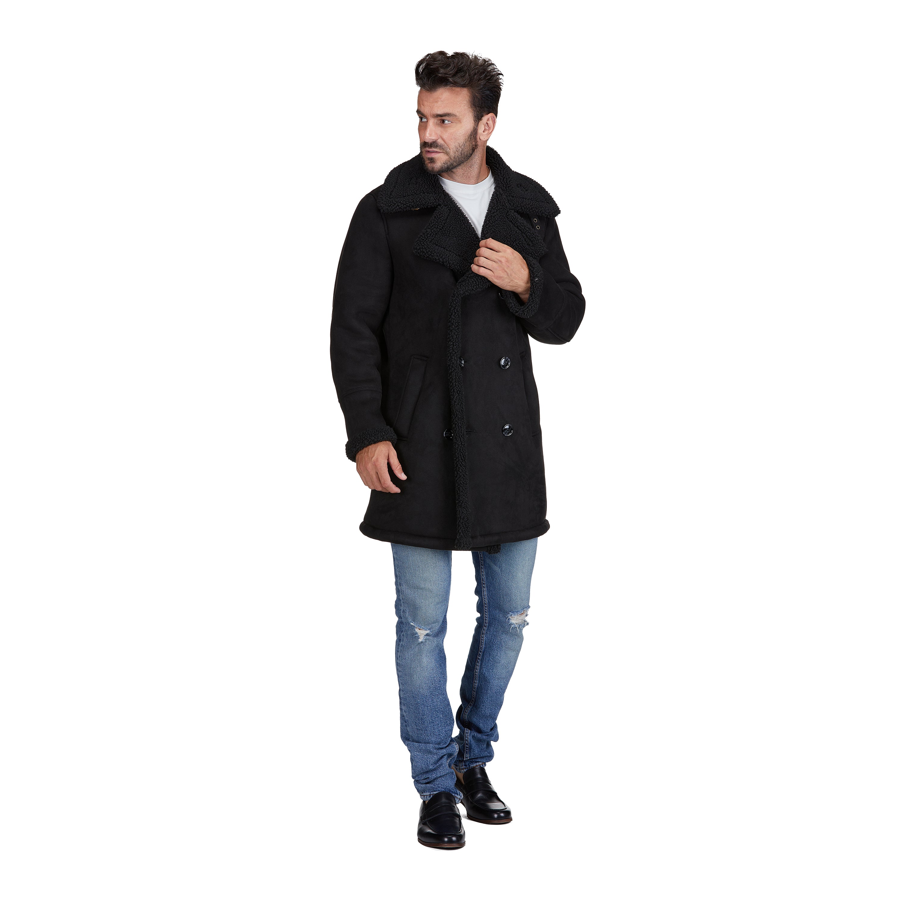 Men's Faux Shearling Double-Breasted Overcoat