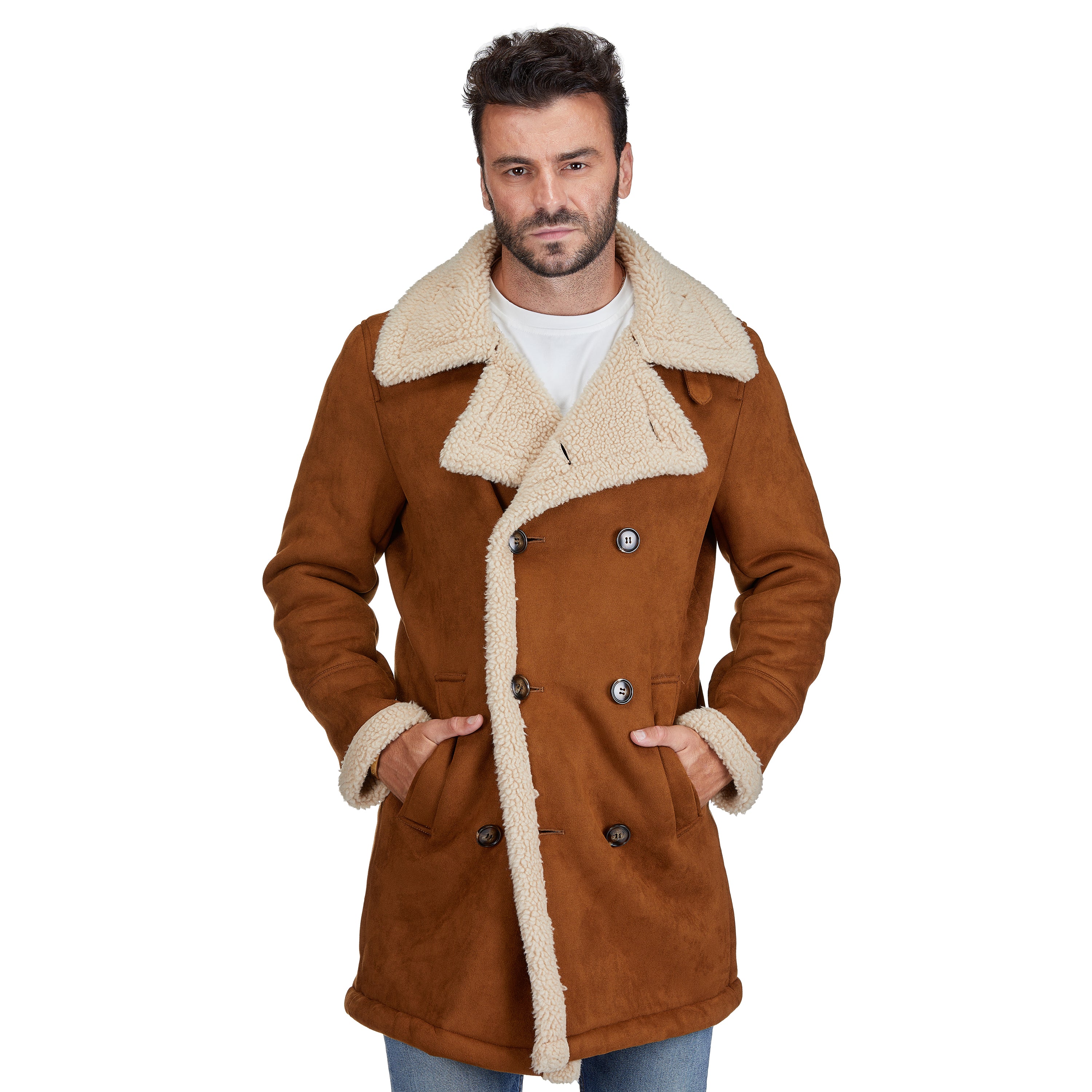 Men's Faux Shearling Double-Breasted Overcoat