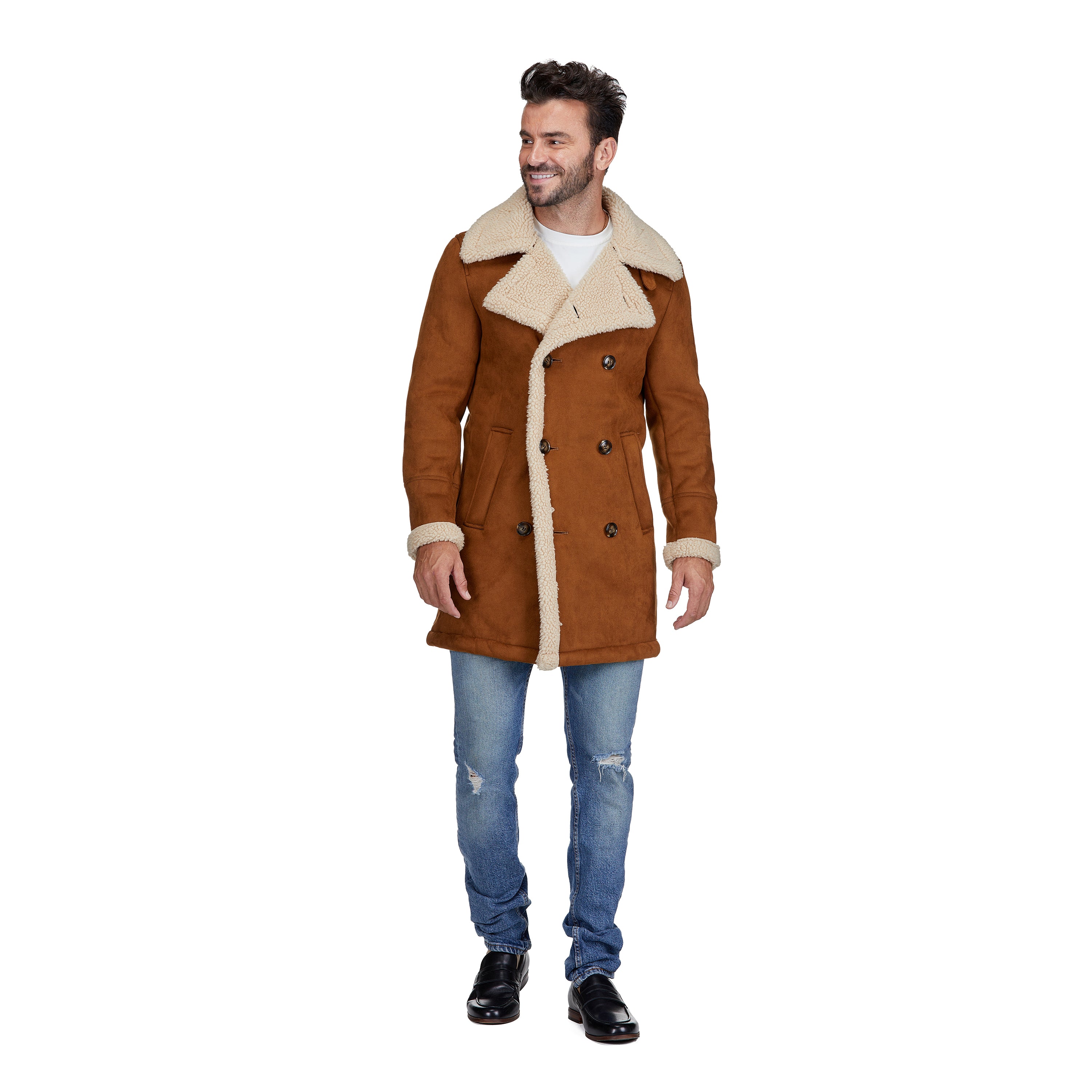 Men's Faux Shearling Double-Breasted Overcoat