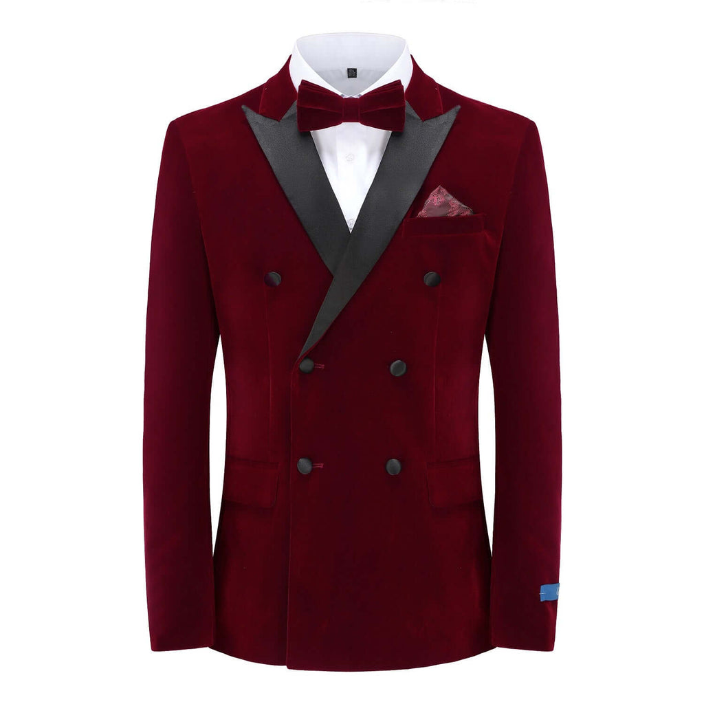 #burgundy Men's 2-Piece Velvet Birdseye Lapel Double-Breasted Slim-Fit Tuxedo With Performance Stretch Pants Daily Haute