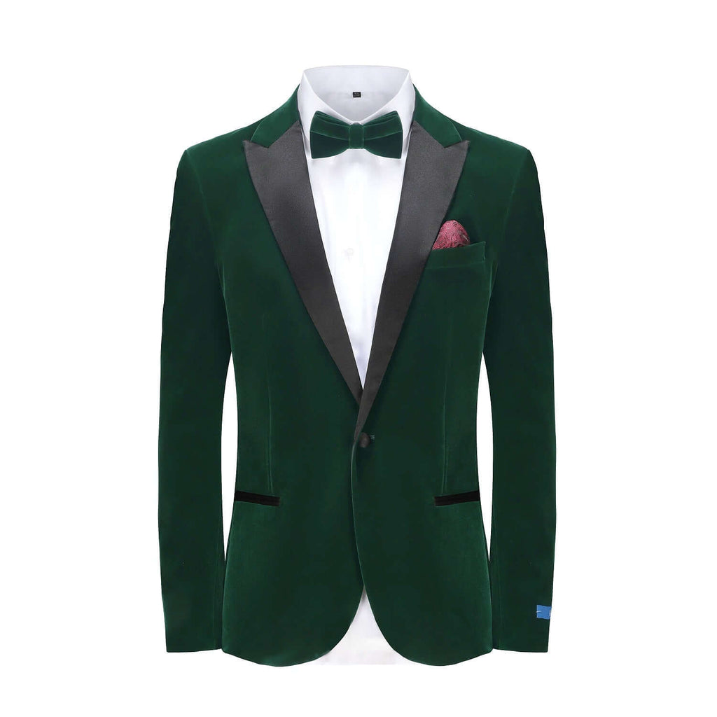 #hunter-green Men's 2-Piece Velvet Birdseye Lapel Slim-Fit Tuxedo With Performance Stretch Pants & Bow Tie Daily Haute