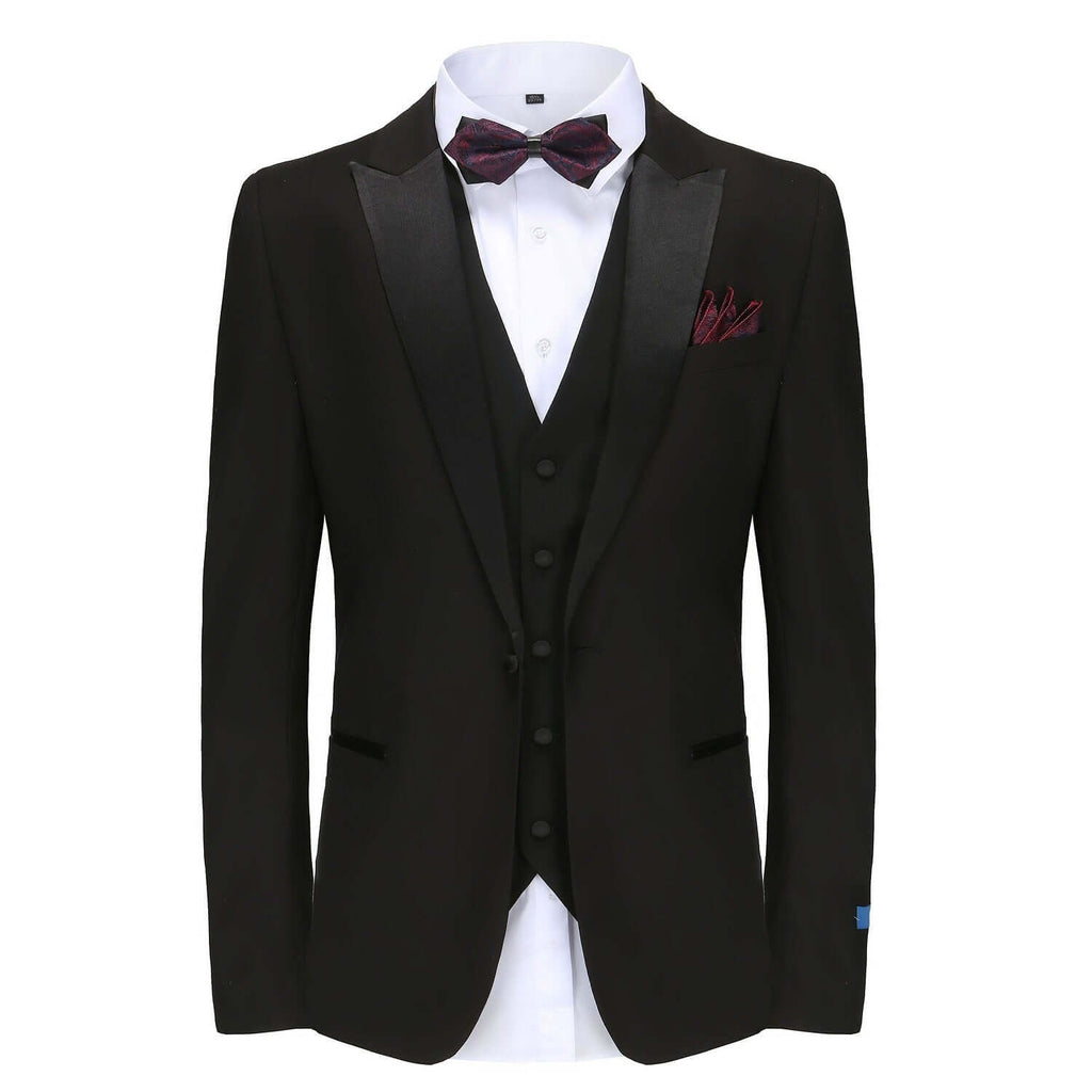 #black Men's Slim-Fit 3PC Satin Peak Lapel Tuxedo Daily Haute