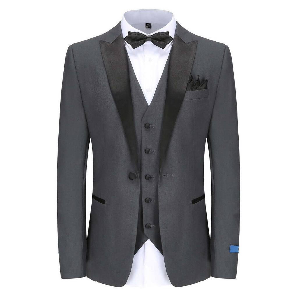 #charcoal Men's Slim-Fit 3PC Satin Peak Lapel Tuxedo Daily Haute