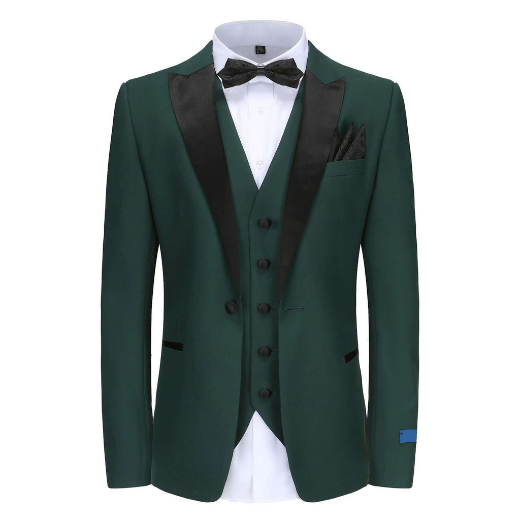 #hunter-green Men's Slim-Fit 3PC Satin Peak Lapel Tuxedo Daily Haute