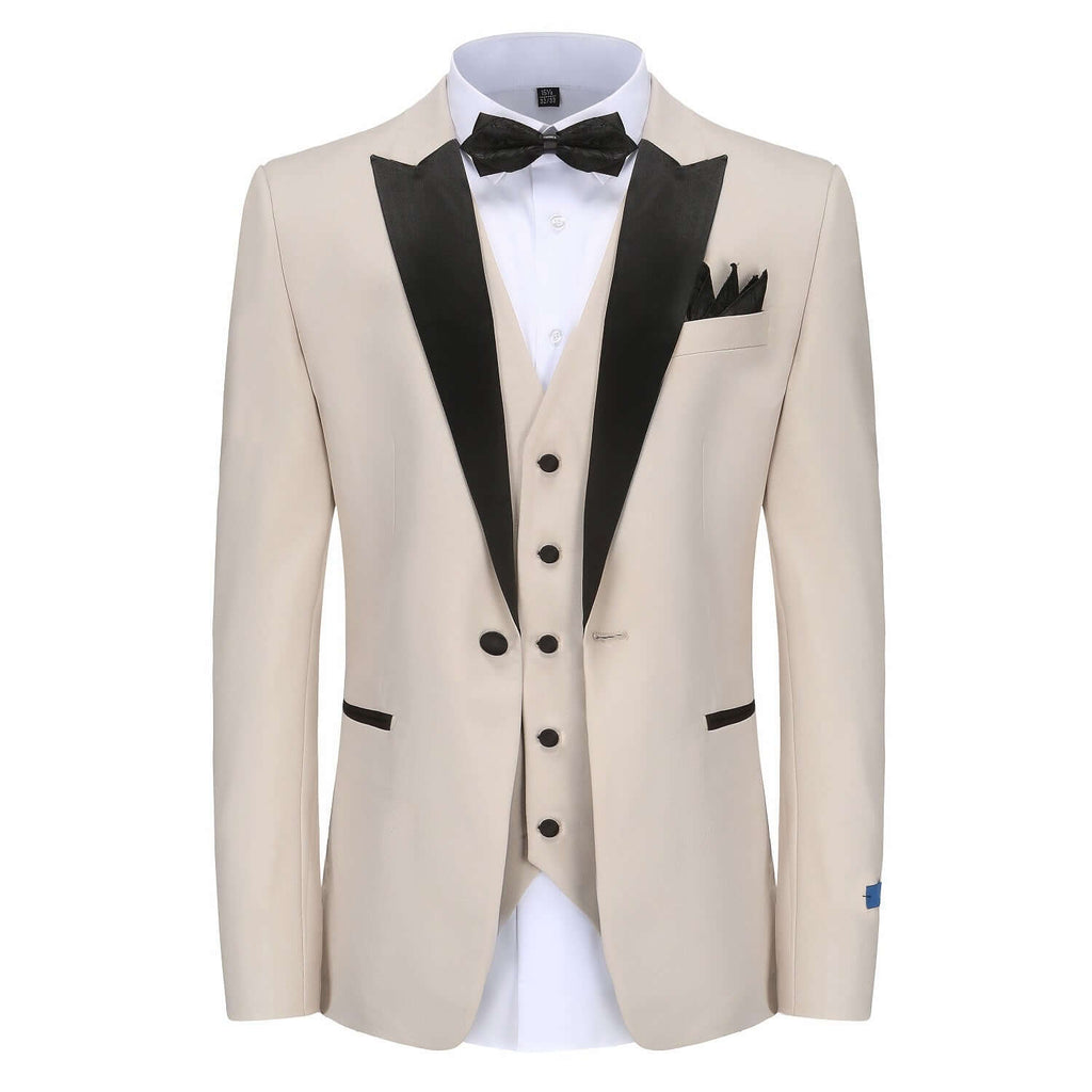 #light-beige Men's Slim-Fit 3PC Satin Peak Lapel Tuxedo Daily Haute