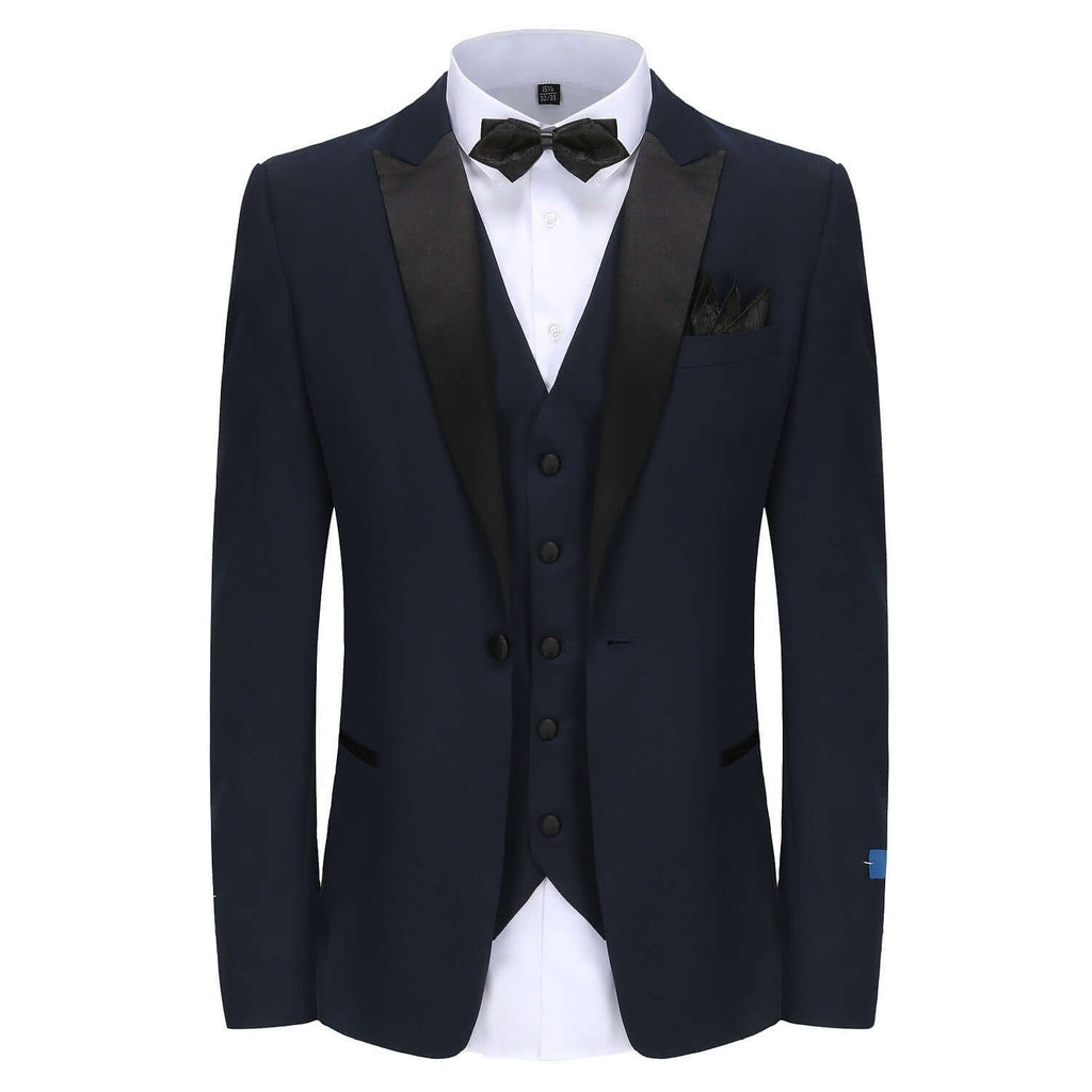 #navy Men's Slim-Fit 3PC Satin Peak Lapel Tuxedo Daily Haute