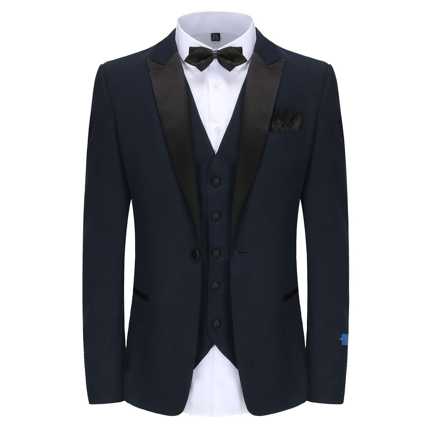 #navy Men's Slim-Fit 3PC Satin Peak Lapel Tuxedo Daily Haute
