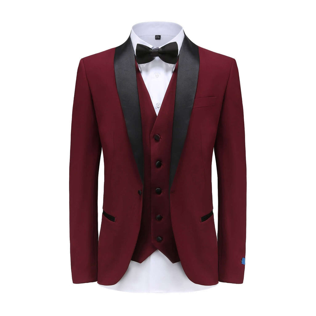 #burgundy Braveman Men's Premium 3 Pc Shawl Lapel Slim Fit Tuxedo Set DAILYHAUTE
