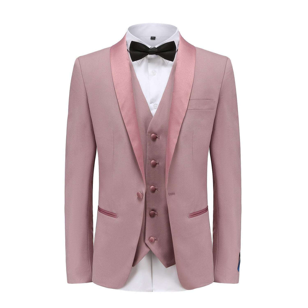 #dusty-rose Braveman Men's Premium 3 Pc Shawl Lapel Slim Fit Tuxedo Set DAILYHAUTE