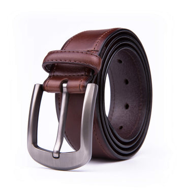 Men's Genuine Leather Belt with Brushed Silver Tone Buckle