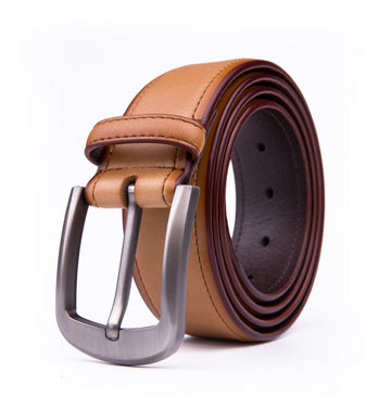 Men's Genuine Leather Belt with Brushed Silver Tone Buckle