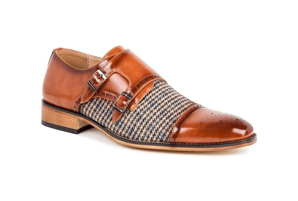 Double Monk Strap Houndstooth Medallion Cap Toe Dress Shoes