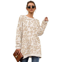 Haute Edition Leopard Print Tunic Length Crew Neck Pullover Thick Knit Sweater   DAILYHAUTE