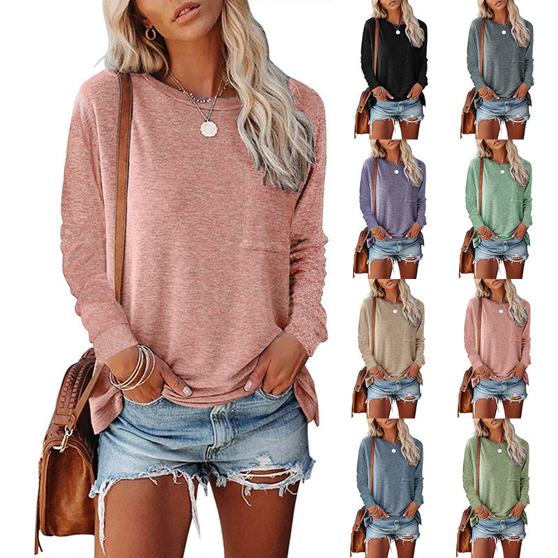 Haute Edition Long Sleeve Heather Round Neck Top with Pocket DAILYHAUTE