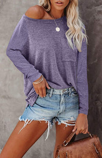 Haute Edition Long Sleeve Heather Round Neck Top with Pocket DAILYHAUTE