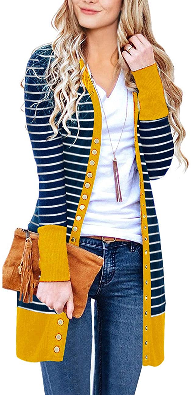 Haute Edition Striped Colorblock Snap Button Long Length Cardigan with Plus DAILYHAUTE