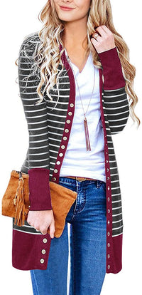 Haute Edition Striped Colorblock Snap Button Long Length Cardigan with Plus DAILYHAUTE