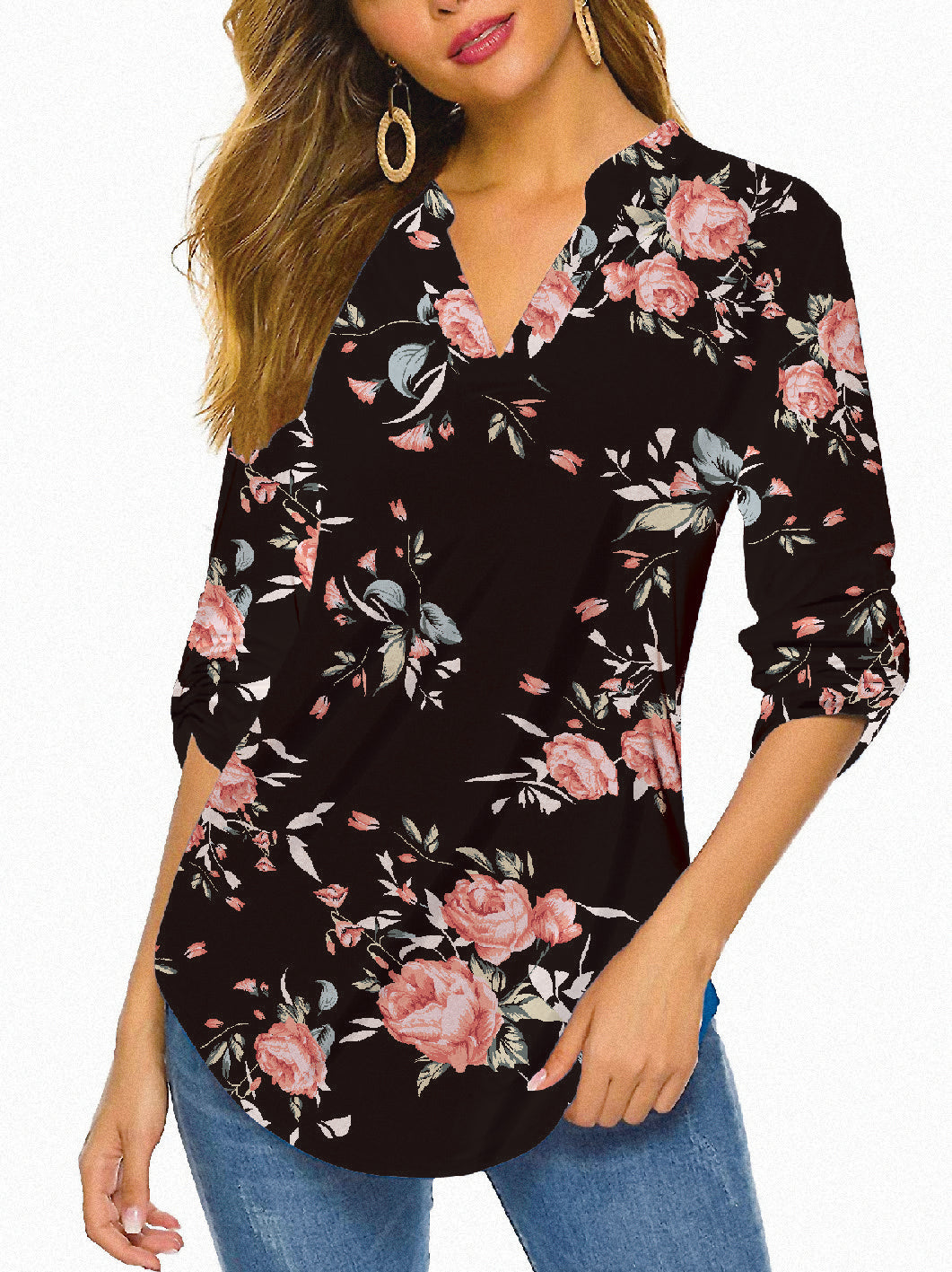 Womens 3/4 Sleeve Tops and Blouses Plus Summer Floral Print Tunic