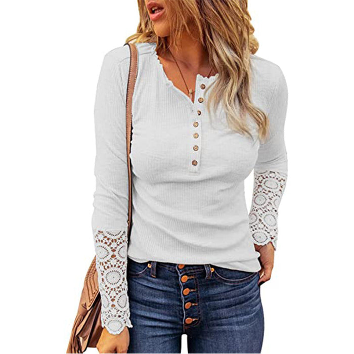Haute Edition Women's Henley T-Shirt Top with Lace Long Sleeve Daily Haute