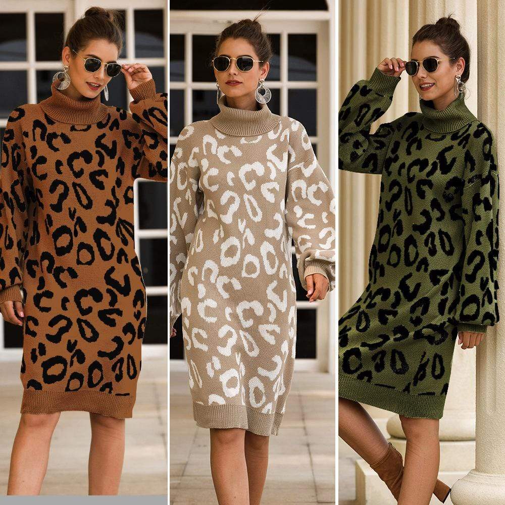 Haute Edition Women's Leopard Print Thick Knit Turtleneck Balloon Sleeve Sweater Dress Daily Haute