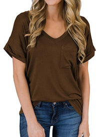 Haute Edition Women's Loose Relaxed Fit V-Neck Summer Top T-Shirt With Pocket Daily Haute