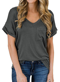 Haute Edition Women's Loose Relaxed Fit V-Neck Summer Top T-Shirt With Pocket Daily Haute