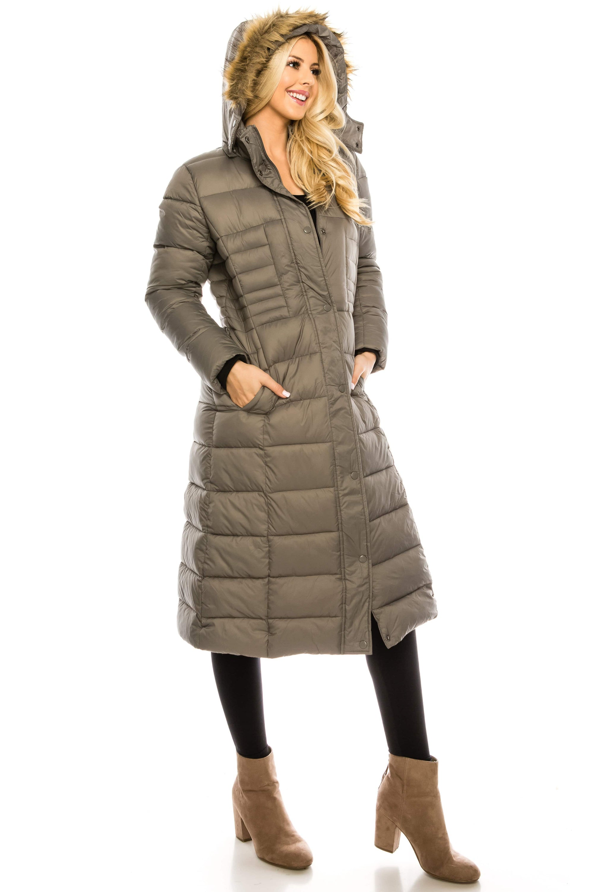 Haute Edition Women's Maxi Length Quilted Puffer with Fur Lined Hood Daily Haute