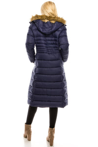 Haute Edition Women's Maxi Length Quilted Puffer with Fur Lined Hood Daily Haute