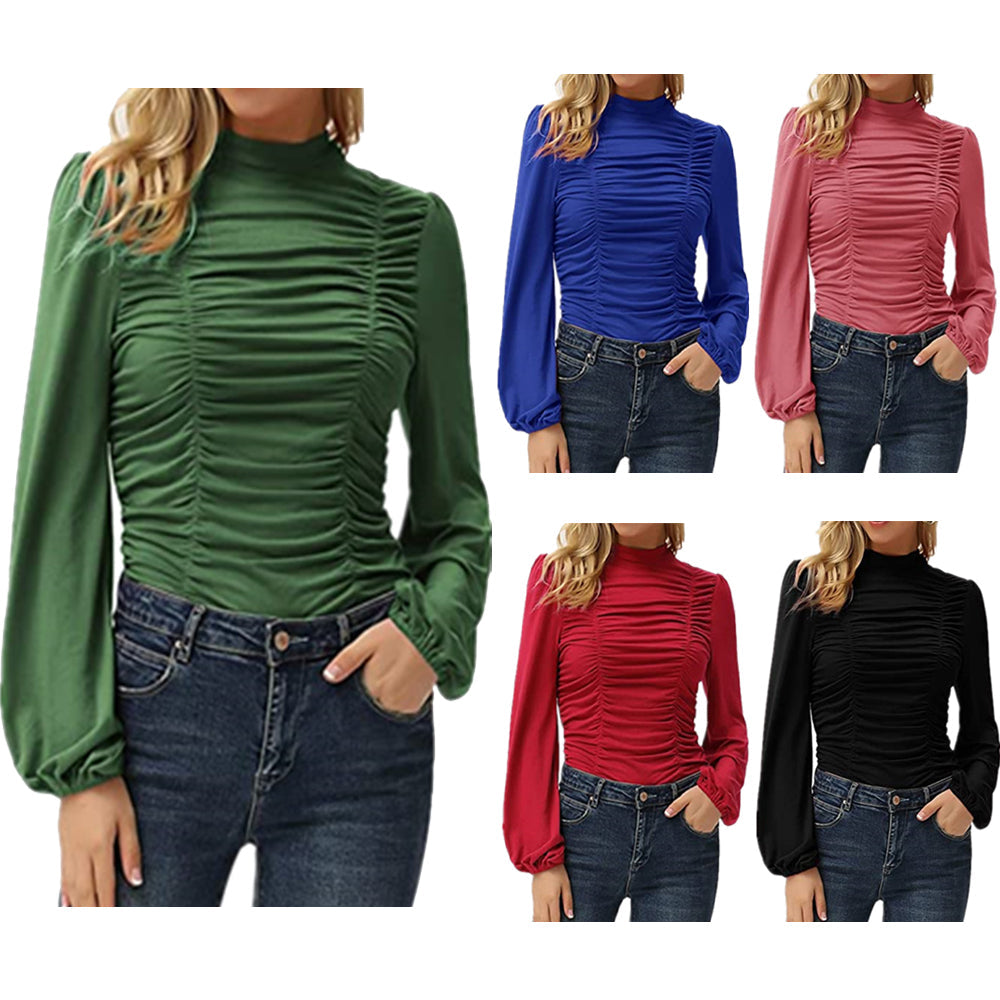 Haute Edition Women's Puff Sleeve Ruched Fitted Turtleneck Top Daily Haute
