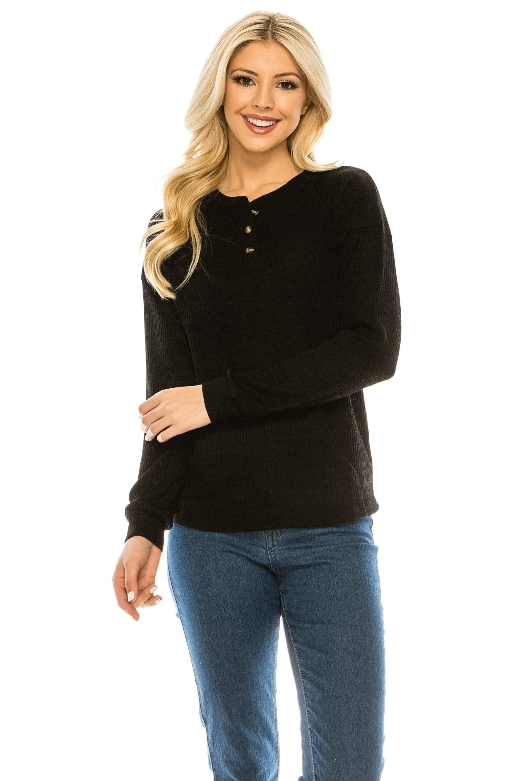 Haute Edition Women's Henley T-Shirt Top with Lace Long Sleeve