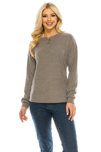 Haute Edition Women's Rib Kit Henley Top with Front Pocket Daily Haute