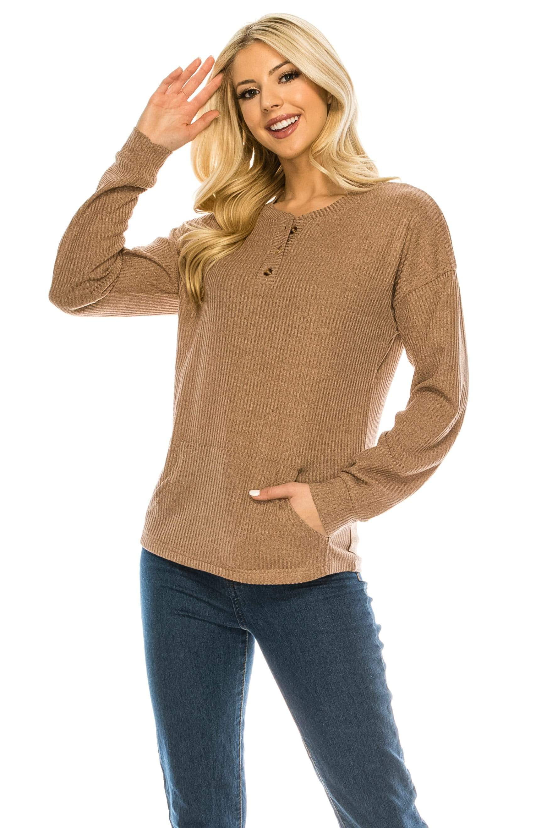 Haute Edition Women's Rib Kit Henley Top with Front Pocket Daily Haute