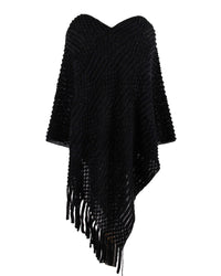 Haute Edition Women's Solid Fringed Sweater Poncho with Pom Poms. One size fits all (S-XL). Daily Haute