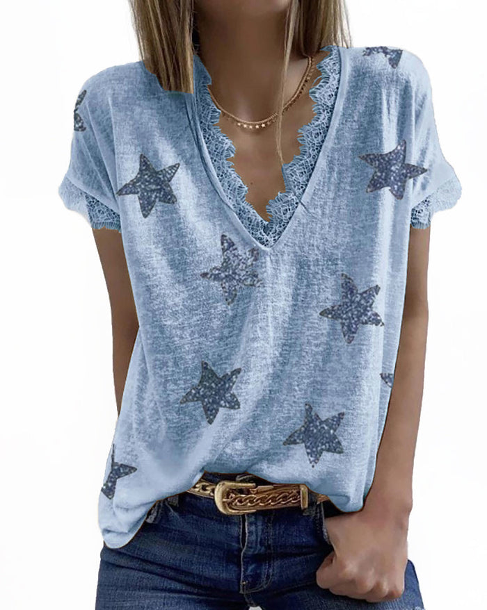 Haute Edition Women's Star Printed V-Neck Lace Trim Tee Daily Haute