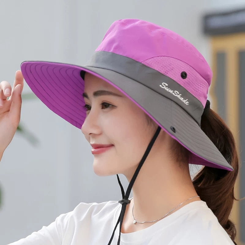 Haute Edition Women's Wide Brim UV Protection Mesh Sun Hat with Ponyta