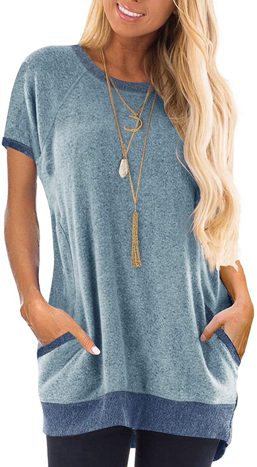 Haute Edition Womens Casual Summer Short Sleeve Pocket Tunic Crewneck Tee T-Shirt With Color Block Daily Haute