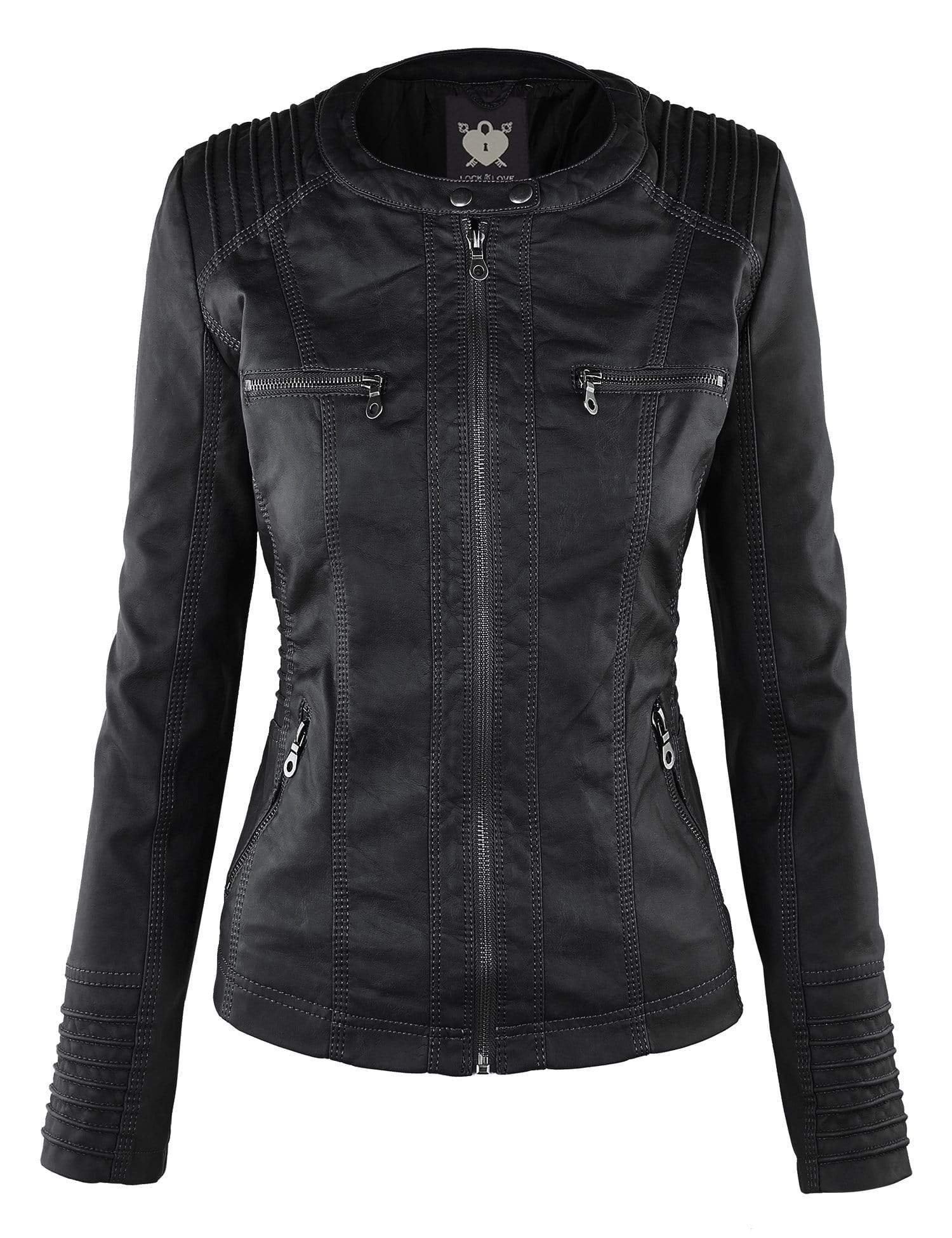 Made By Johnny MBJ Womens Faux Leather Motorcycle Jacket with Hoodie Daily Haute