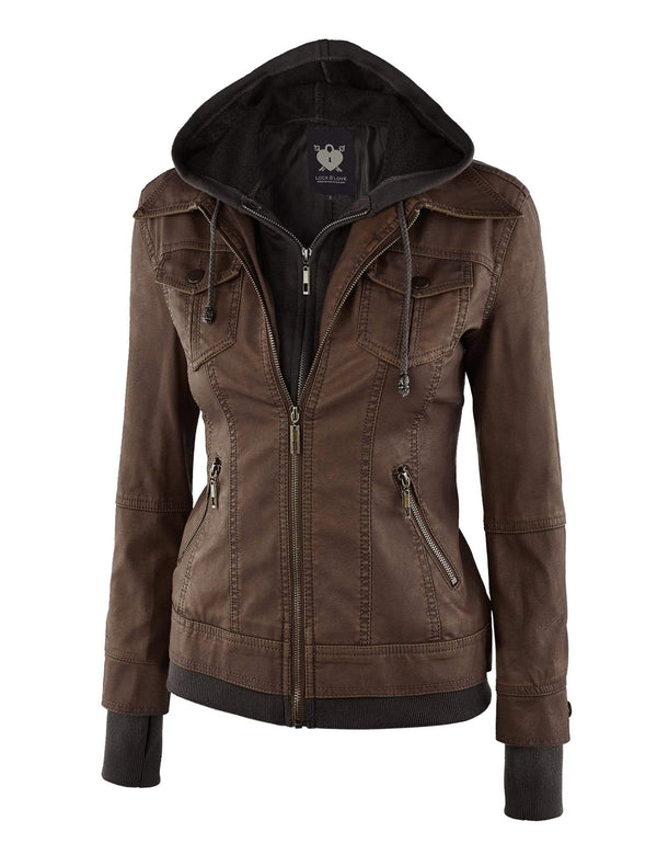 Made By Johnny MBJ Womens Faux Leather Motorcycle Jacket with Hoodie