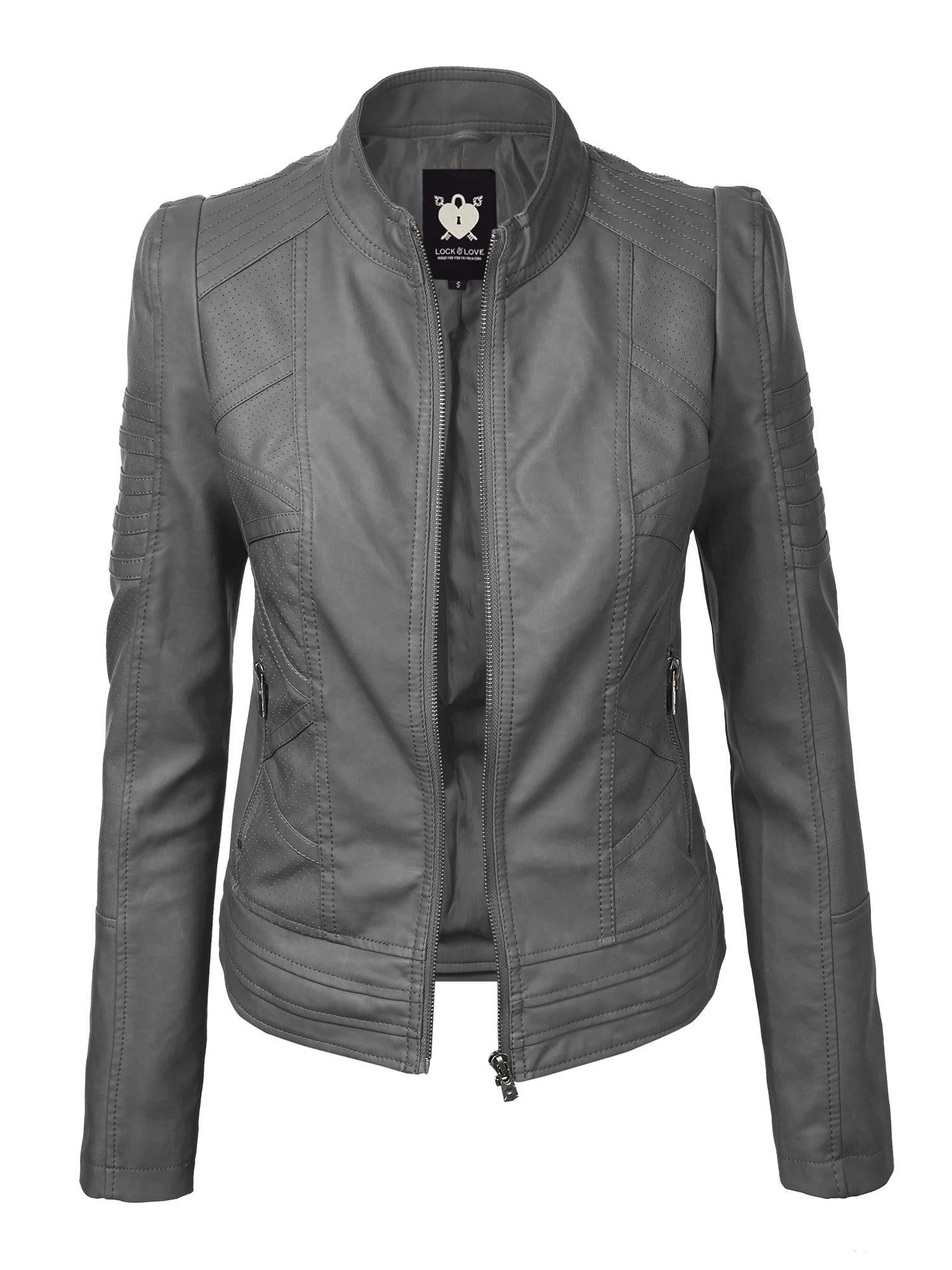 Made By Johnny MBJ Womens Faux Leather Zip Up Moto Biker Jacket with Stitching Detail Daily Haute