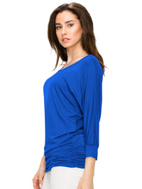 Women's Crew Neck 3/4 Sleeve Drape Dolman Top with Side Shirring Daily Haute