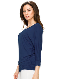 Women's Crew Neck 3/4 Sleeve Drape Dolman Top with Side Shirring Daily Haute