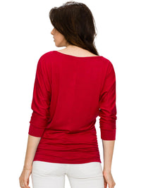 Women's V Neck 3/4 Sleeve Drape Dolman Shirt Top with Side Shirring Daily Haute