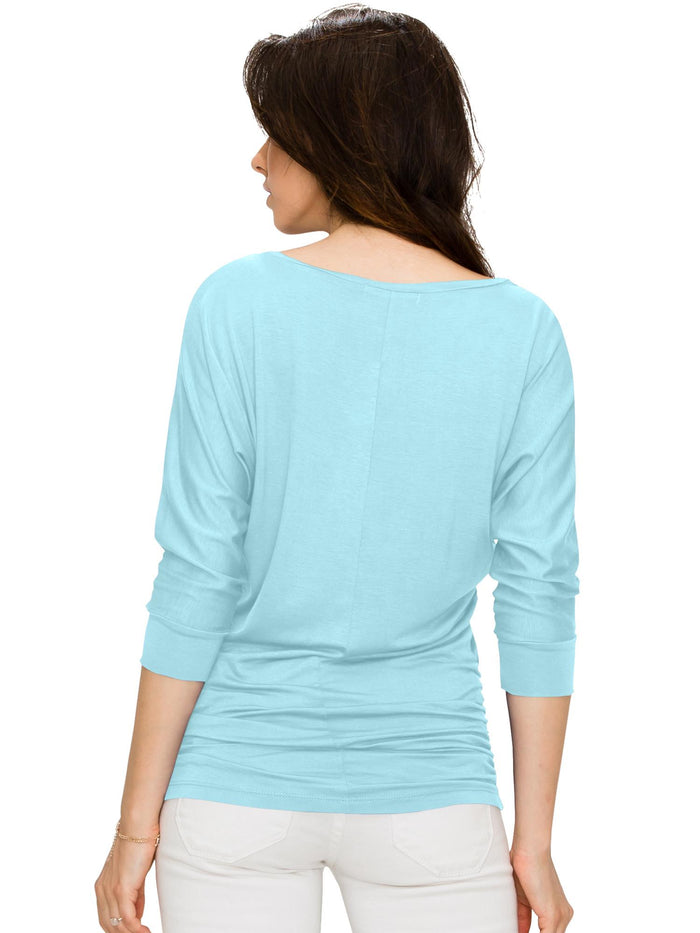 Women's V Neck 3/4 Sleeve Drape Dolman Shirt Top with Side Shirring Daily Haute