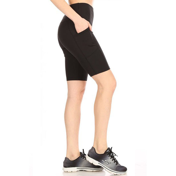 Womens High Waist Knee Length Biker Shorts with Side Phone Pockets Daily Haute