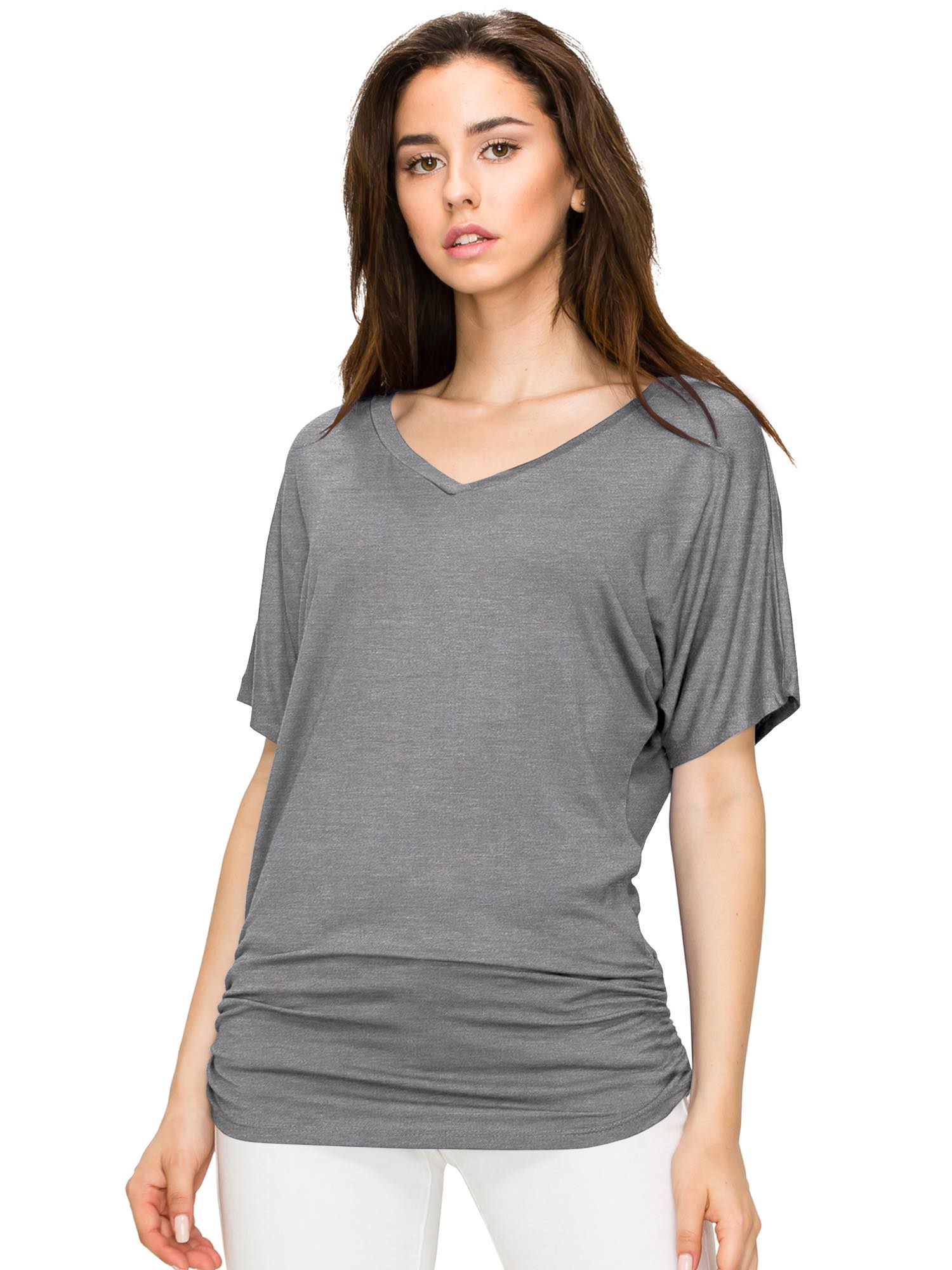 Womens Solid Short Sleeve V-Neck Dolman Top with Side Shirring Daily Haute