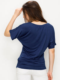 Womens Solid Short Sleeve V-Neck Dolman Top with Side Shirring Daily Haute