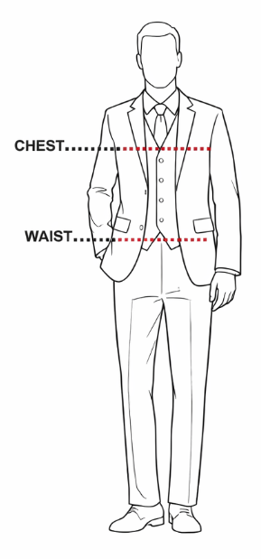 Suit measurement diagram showing where to measure chest and waist on a three-piece suit